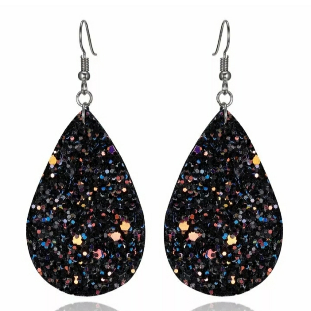 Black glitter leather earrings